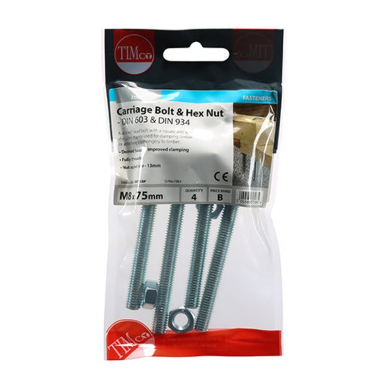 Timco Carriage Bolts & Hex Nuts – Zinc M8 x 75 – 4 Pieces
