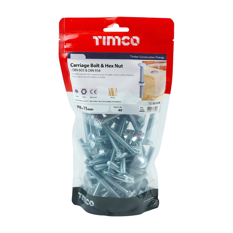 Timco Carriage Bolts & Hex Nuts – Zinc M8 x 75 – 40 Pieces