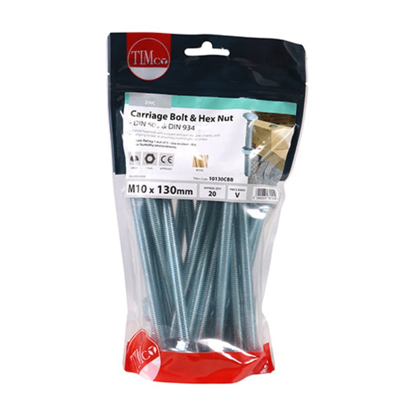 Timco Carriage Bolts & Hex Nuts – Zinc M10 x 130 – 20 Pieces