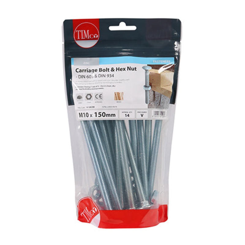 Timco Carriage Bolts & Hex Nuts – Zinc M10 x 150 – 14 Pieces
