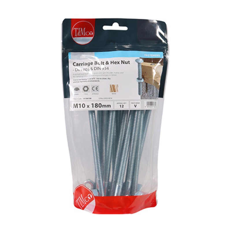Timco Carriage Bolts & Hex Nuts – Zinc M10 x 180 – 12 Pieces
