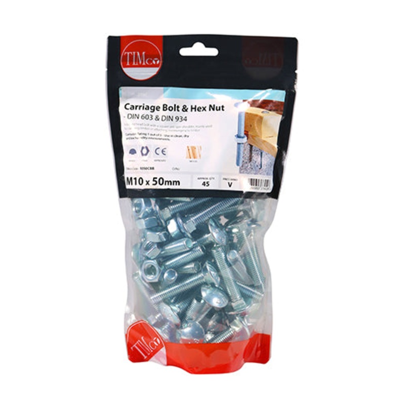 Timco Carriage Bolts & Hex Nuts – Zinc M10 x 50 – 45 Pieces
