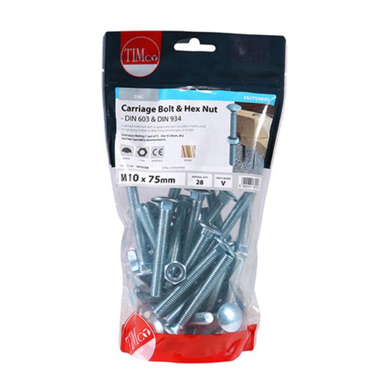 Timco Carriage Bolts & Hex Nuts – Zinc M10 x 75 – 28 Pieces