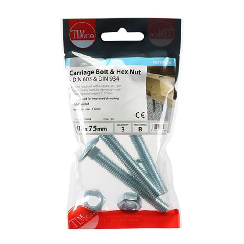 Timco Carriage Bolts & Hex Nuts – Zinc M10 x 75 – 3 Pieces