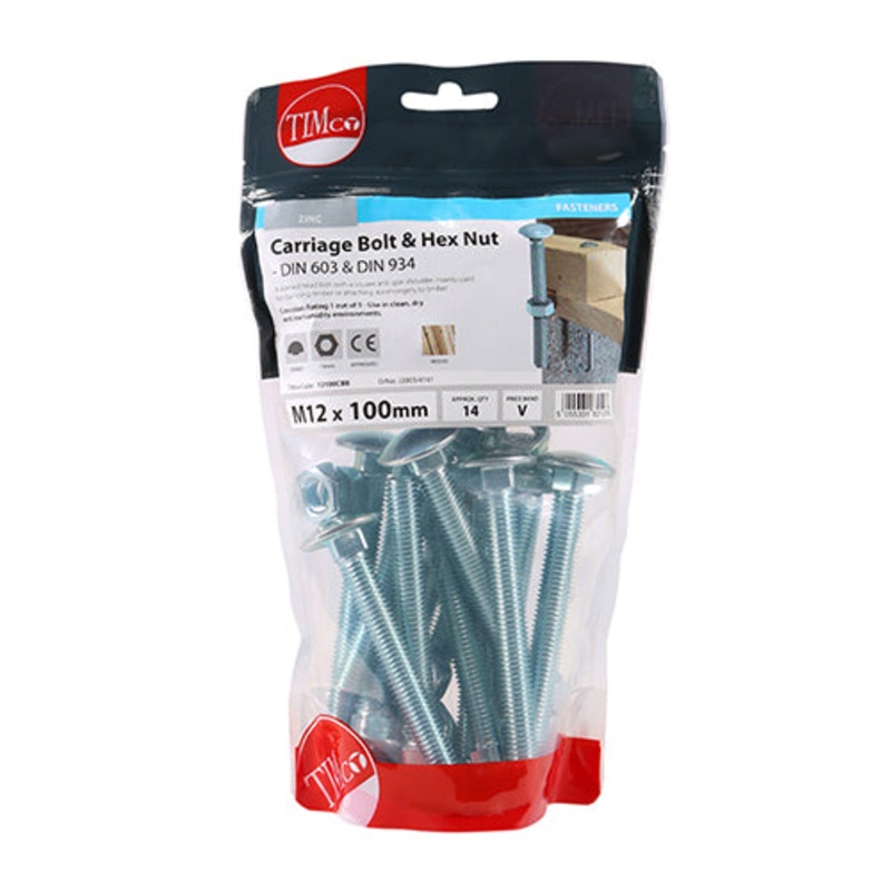 Timco Carriage Bolts & Hex Nuts – Zinc M12 x 100 – 14 Pieces