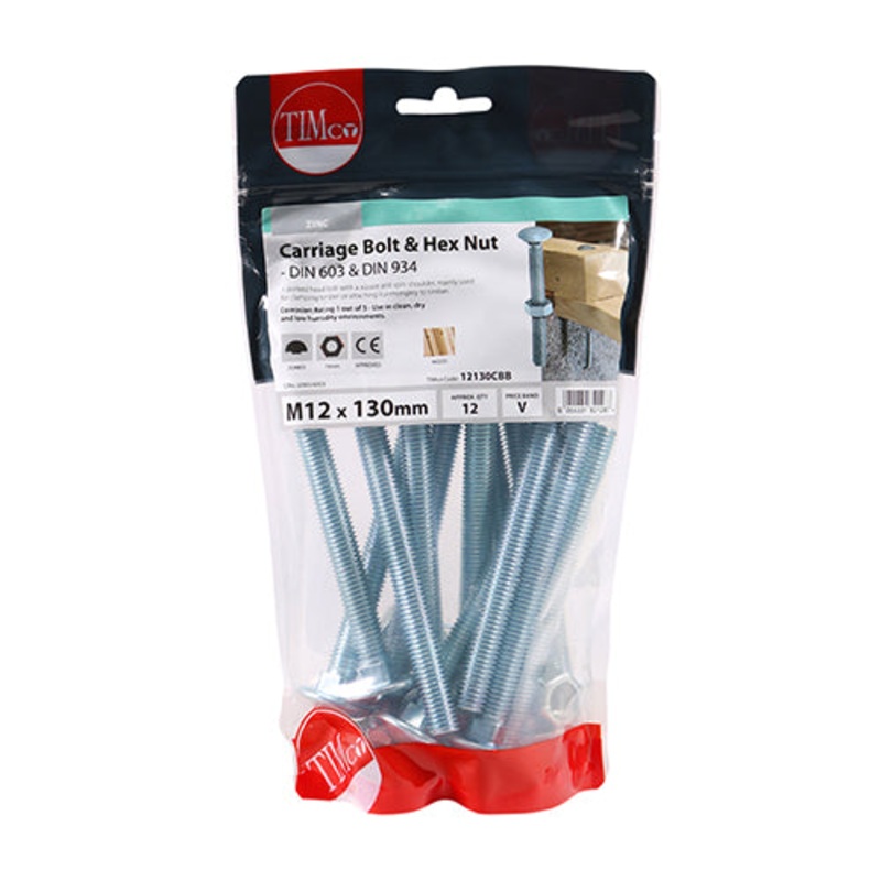 Timco Carriage Bolts & Hex Nuts – Zinc M12 x 130 – 12 Pieces
