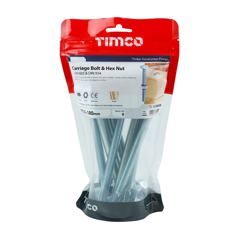 Timco Carriage Bolts & Hex Nuts – Zinc M12 x 180 – 8 Pieces