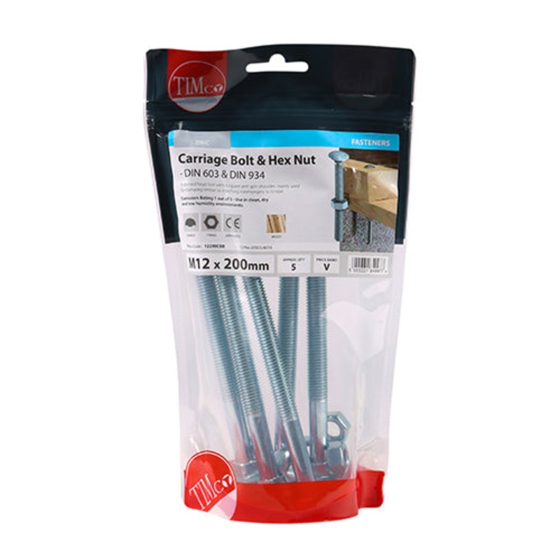 Timco Carriage Bolts & Hex Nuts – Zinc M12 x 200 – 5 Pieces