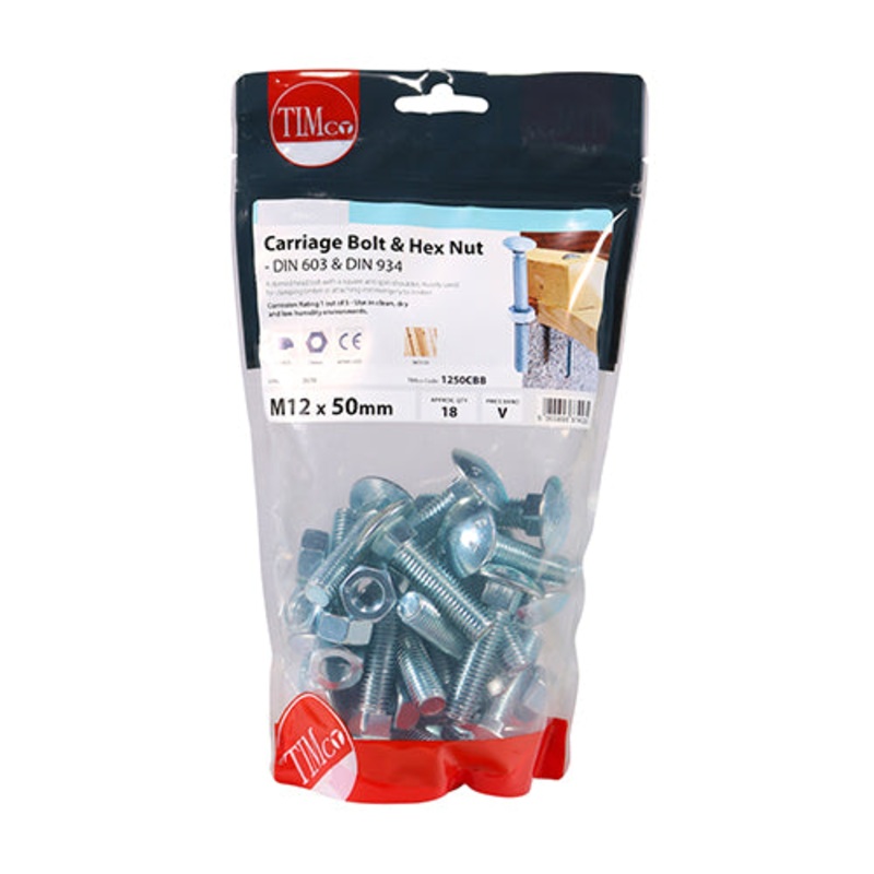 Timco Carriage Bolts & Hex Nuts – Zinc M12 x 50 – 18 Pieces