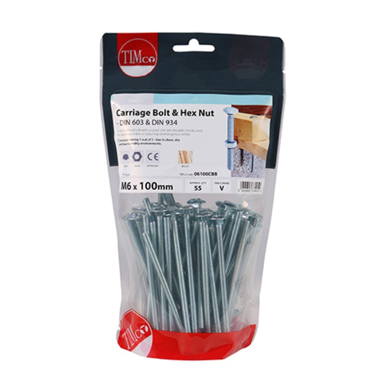 Timco Carriage Bolts & Hex Nuts – Zinc M6 x 100 – 55 Pieces