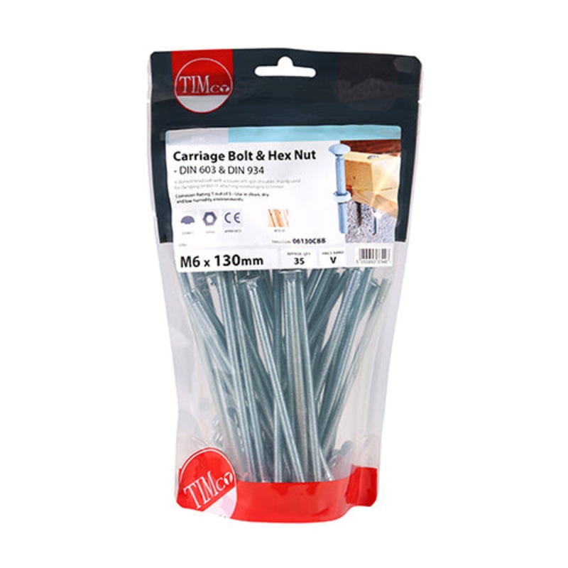 Timco Carriage Bolts & Hex Nuts – Zinc M6 x 130 – 35 Pieces