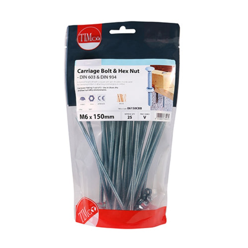 Timco Carriage Bolts & Hex Nuts – Zinc M6 x 150 – 25 Pieces