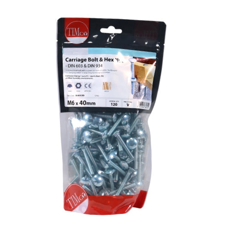 Timco Carriage Bolts & Hex Nuts – Zinc M6 x 40 – 120 Pieces