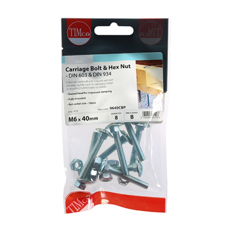 Timco Carriage Bolts & Hex Nuts – Zinc M6 x 40 – 8 Pieces