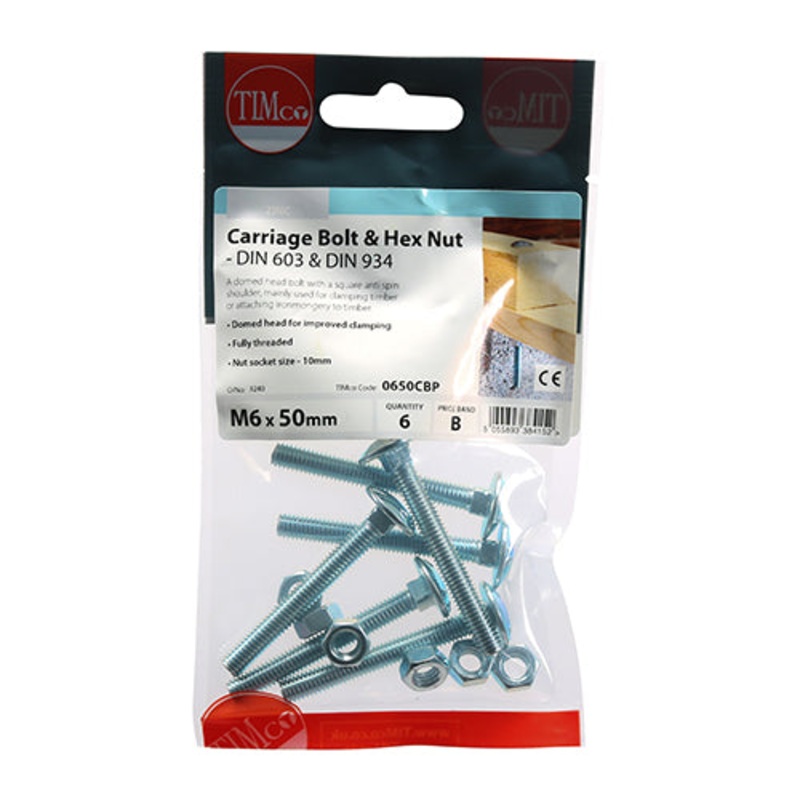 Timco Carriage Bolts & Hex Nuts – Zinc M6 x 50 – 6 Pieces