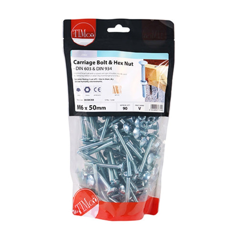 Timco Carriage Bolts & Hex Nuts – Zinc M6 x 50 – 90 Pieces