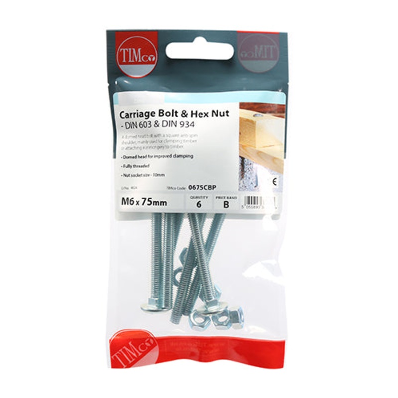 Timco Carriage Bolts & Hex Nuts – Zinc M6 x 75 – 6 Pieces