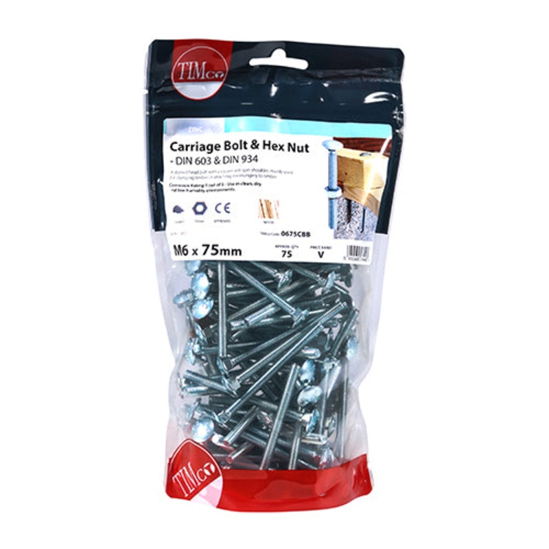 Timco Carriage Bolts & Hex Nuts – Zinc M6 x 75 – 75 Pieces
