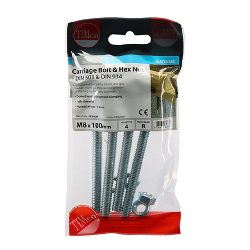 Timco Carriage Bolts & Hex Nuts – Zinc M8 x 100 – 4 Pieces