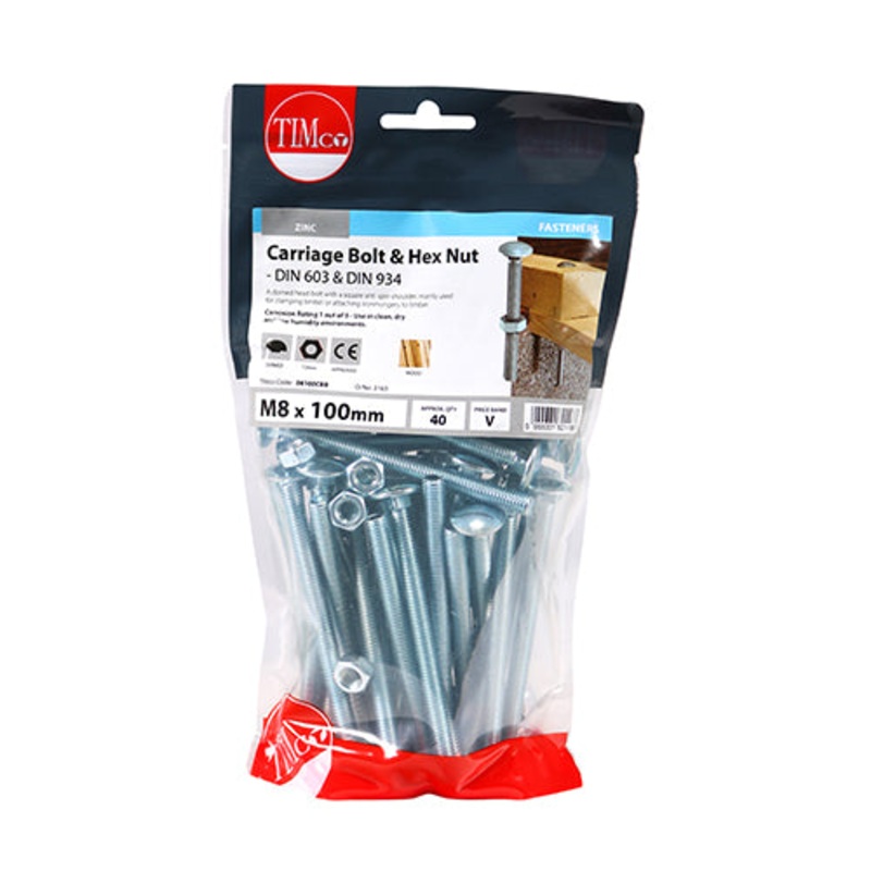 Timco Carriage Bolts & Hex Nuts – Zinc M8 x 100 – 40 Pieces