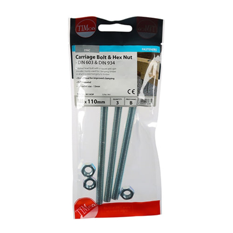 Timco Carriage Bolts & Hex Nuts – Zinc M8 x 110 – 3 Pieces