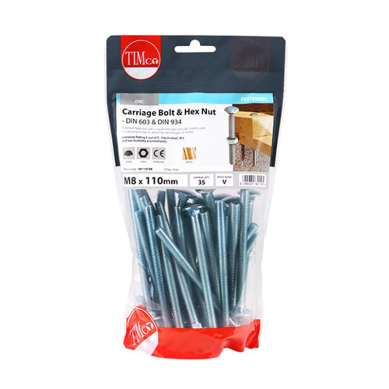 Timco Carriage Bolts & Hex Nuts – Zinc M8 x 110 – 35 Pieces