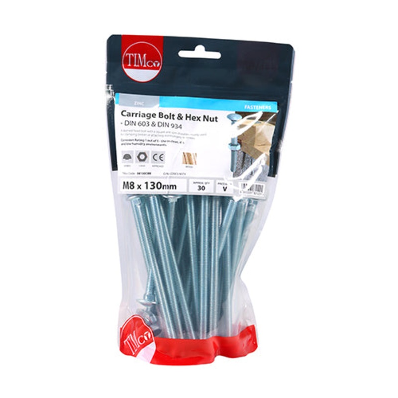 Timco Carriage Bolts & Hex Nuts – Zinc M8 x 130 – 30 Pieces