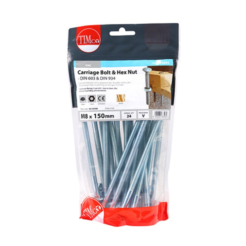 Timco Carriage Bolts & Hex Nuts – Zinc M8 x 150 – 24 Pieces