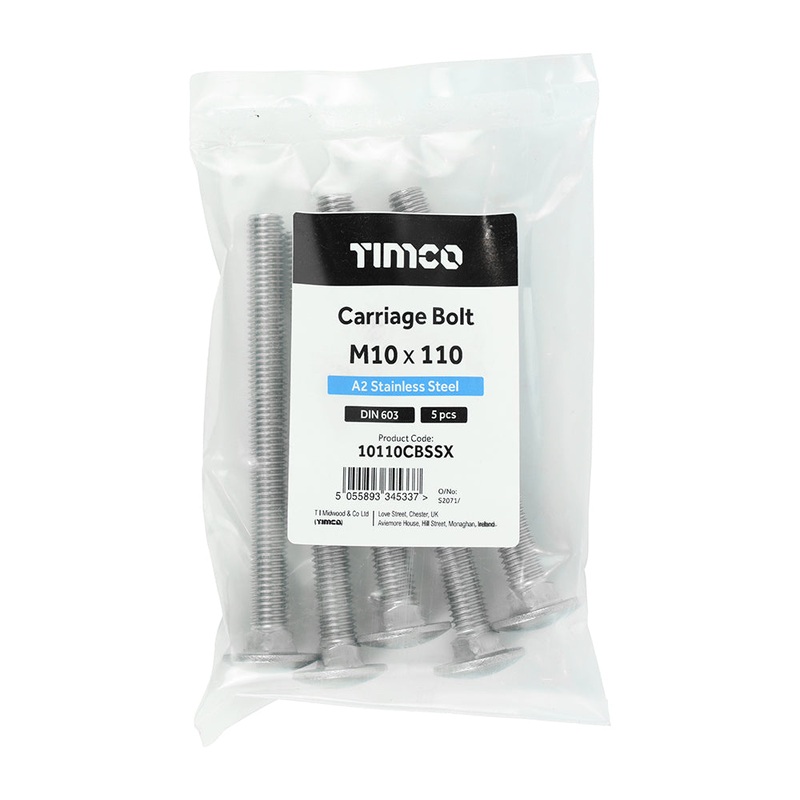 Timco Carriage Bolts – A2 Stainless Steel M10 x 110 – 5 Pieces