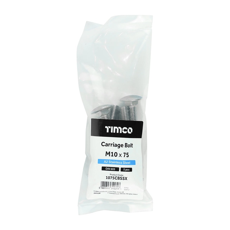 Timco Carriage Bolts – A2 Stainless Steel M10 x 75 – 5 Pieces