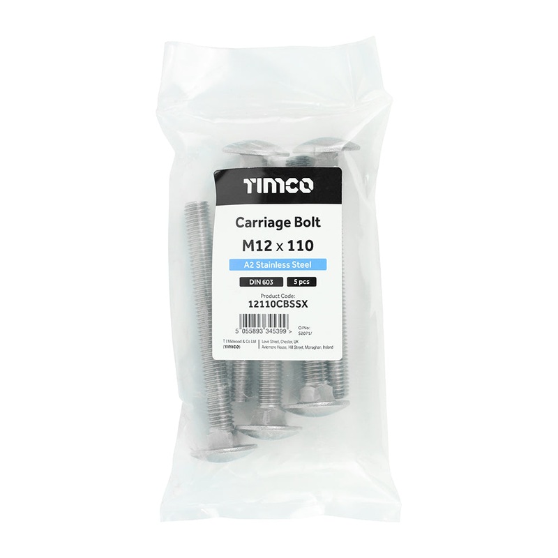 Timco Carriage Bolts – A2 Stainless Steel M12 x 110 – 5 Pieces