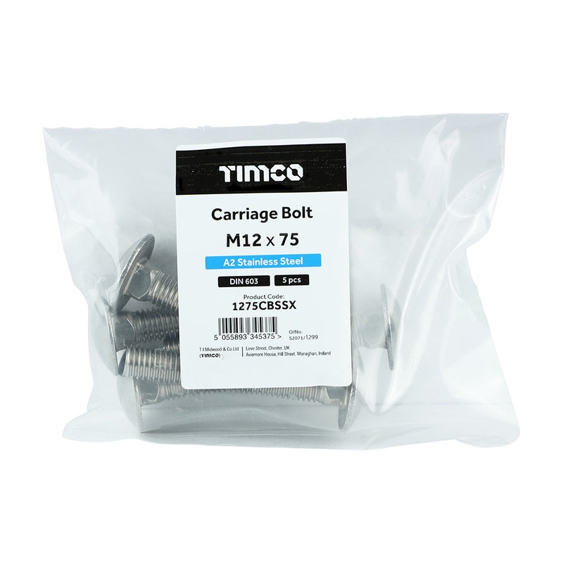 Timco Carriage Bolts – A2 Stainless Steel M12 x 75 – 5 Pieces