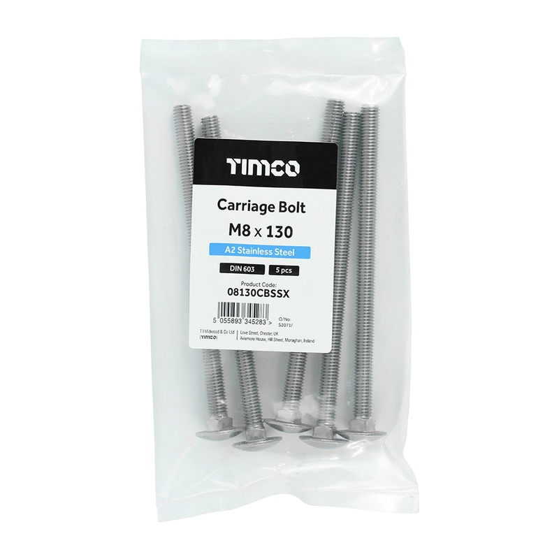 Timco Carriage Bolts – A2 Stainless Steel M8 x 130 – 5 Pieces