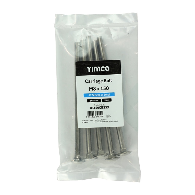 Timco Carriage Bolts – A2 Stainless Steel M8 x 150 – 5 Pieces