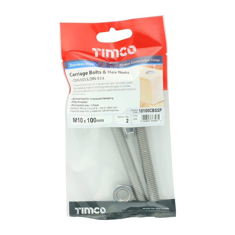 Timco Carriage Bolts & Hex Nuts – Stainless Steel M10 x 100