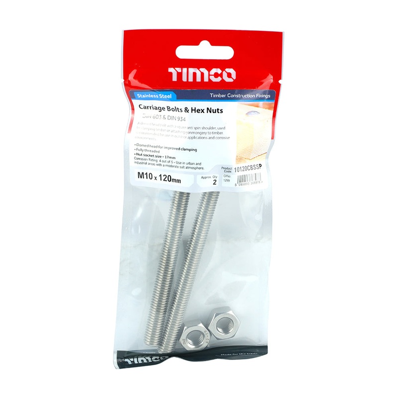 Timco Carriage Bolts & Hex Nuts – Stainless Steel M10 x 120