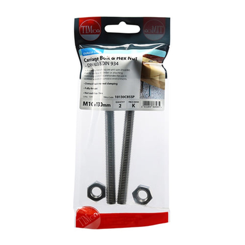 Timco Carriage Bolts & Hex Nuts – Stainless Steel M10 x 130