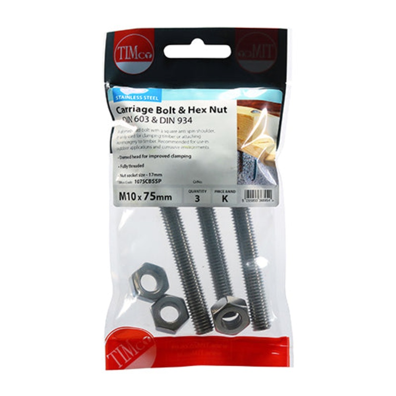 Timco Carriage Bolts & Hex Nuts – Stainless Steel M10 x 75 – 3 Pieces