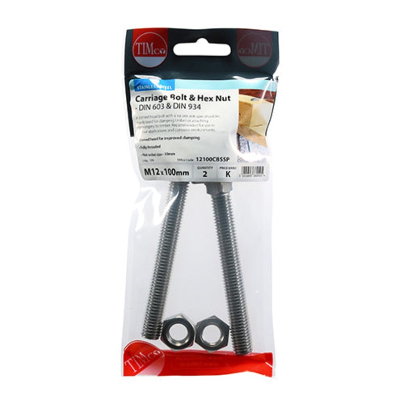 Timco Carriage Bolts & Hex Nuts – Stainless Steel M12 x 100
