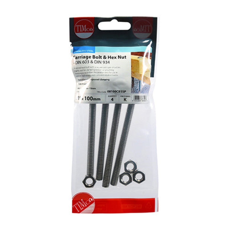 Timco Carriage Bolts & Hex Nuts – Stainless Steel M8 x 100 – 4 Pieces