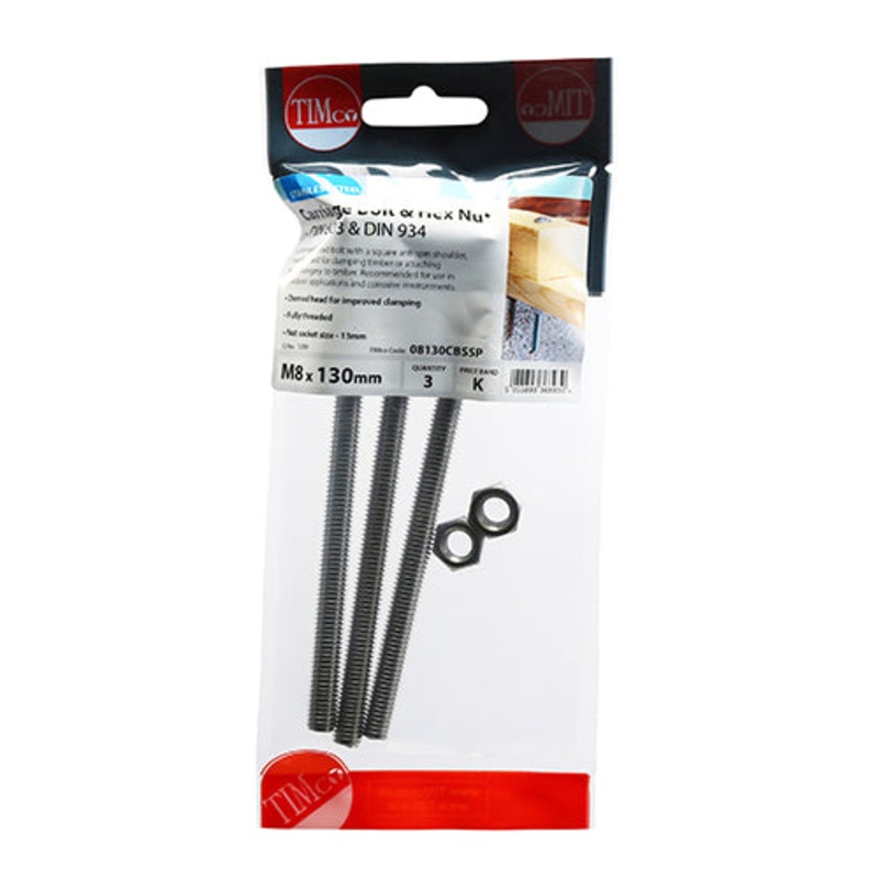 Timco Carriage Bolts & Hex Nuts – Stainless Steel M8 x 130 – 3 Pieces