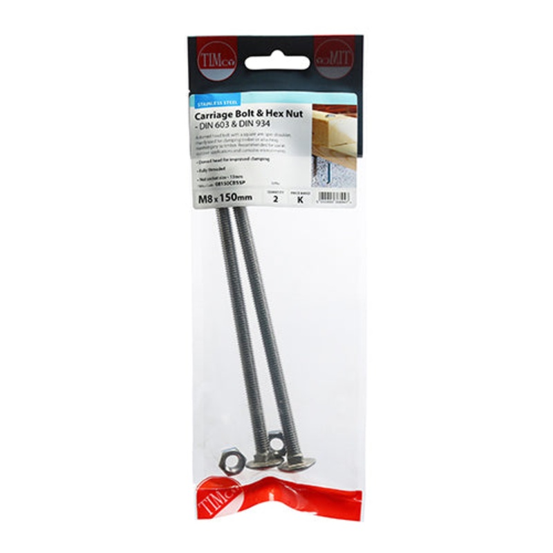 Timco Carriage Bolts & Hex Nuts – Stainless Steel M8 x 150