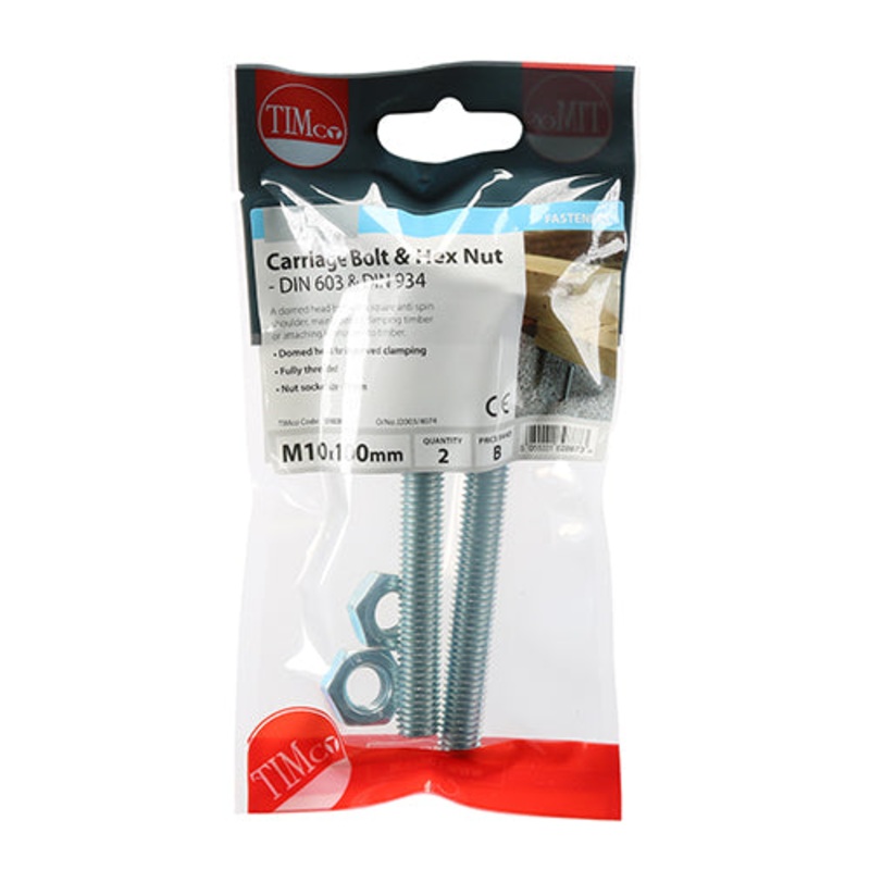 Timco Carriage Bolts & Hex Nuts – Zinc M10 x 100