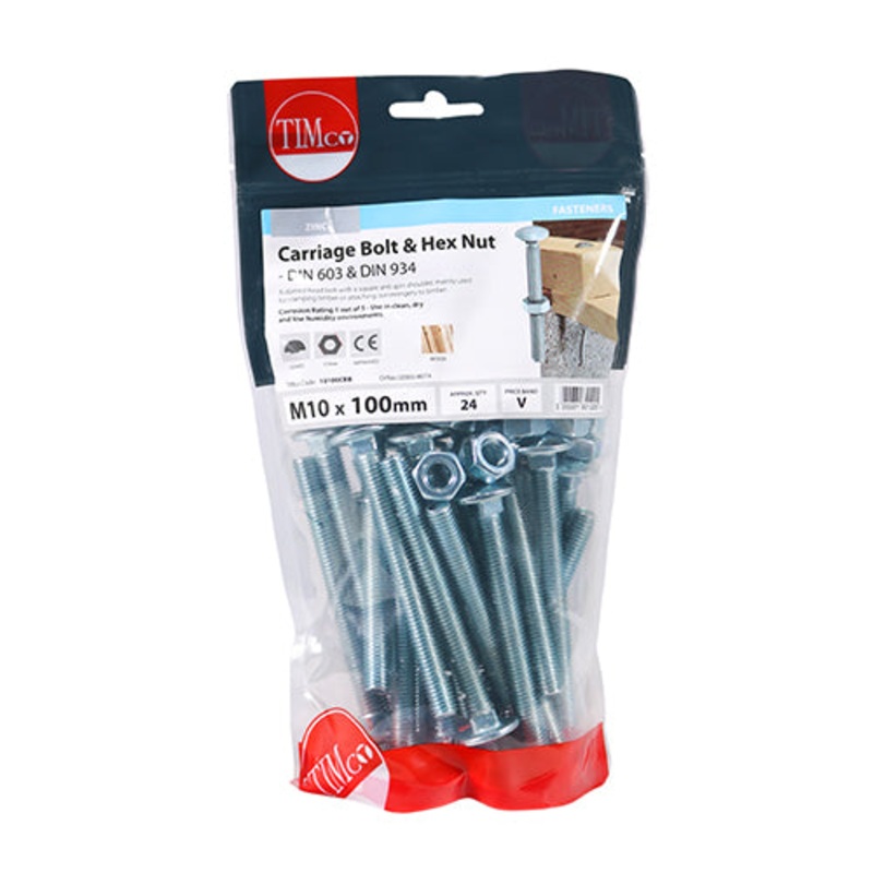 Timco Carriage Bolts & Hex Nuts – Zinc M10 x 100 – 24 Pieces