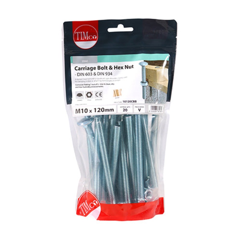 Timco Carriage Bolts & Hex Nuts – Zinc M10 x 120 – 20 Pieces