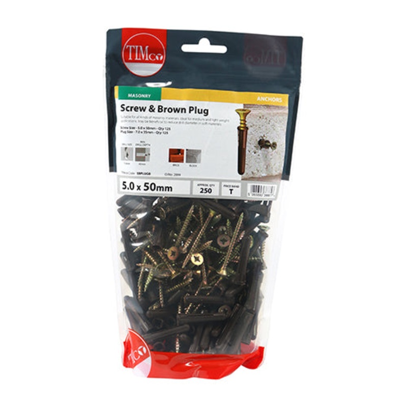 Timco Brown Plastic Plugs with Screws 35mm Brown Plug, 5.0×50 Screw – 125 Pieces