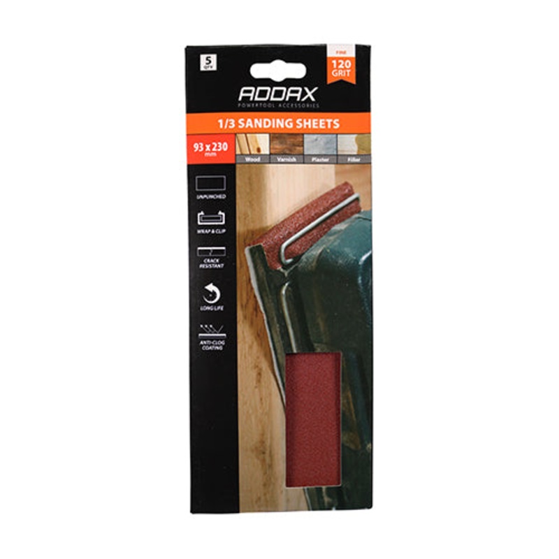 Timco 1/3 Sanding Sheets – 120 Grit – Red – Unpunched 93 x 230mm – 5 Pieces