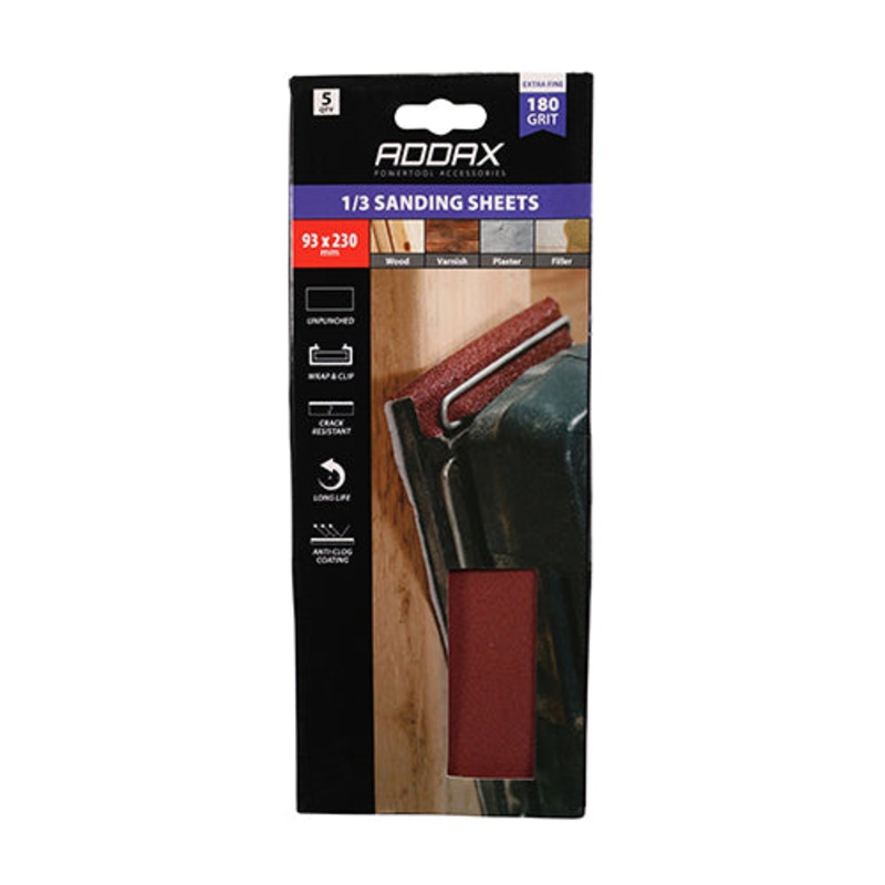 Timco 1/3 Sanding Sheets – 180 Grit – Red – Unpunched 93 x 230mm – 5 Pieces