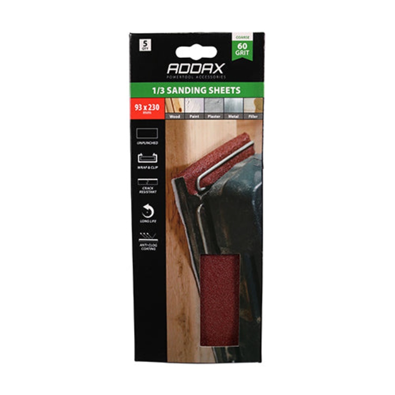 Timco 1/3 Sanding Sheets – 60 Grit – Red – Unpunched 93 x 230mm – 5 Pieces