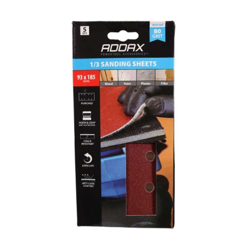 Timco 1/3 Sanding Sheets – 80 Grit – Red – Punched 93 x 185mm – 5 Pieces